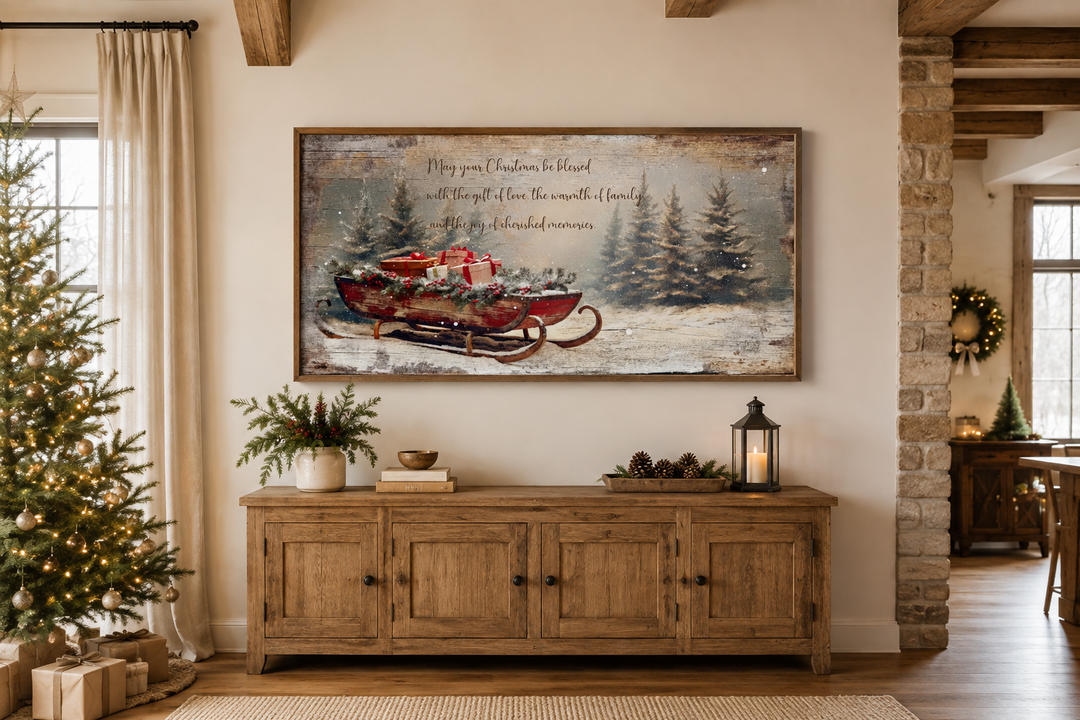Framed canvas wall art of Santa's sleigh with gifts and a Christmas blessing in a rustic room.