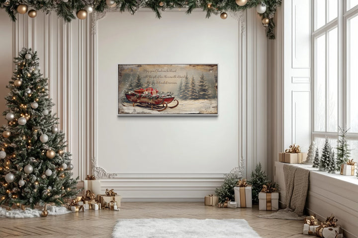 Christmas Blessing On Santa's Sleigh With Gifts Painting Framed Canvas Wall Art