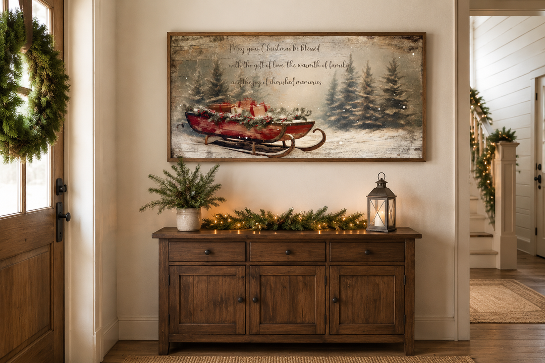 Framed canvas wall art of Santa's sleigh with gifts and a Christmas blessing over a wooden console.