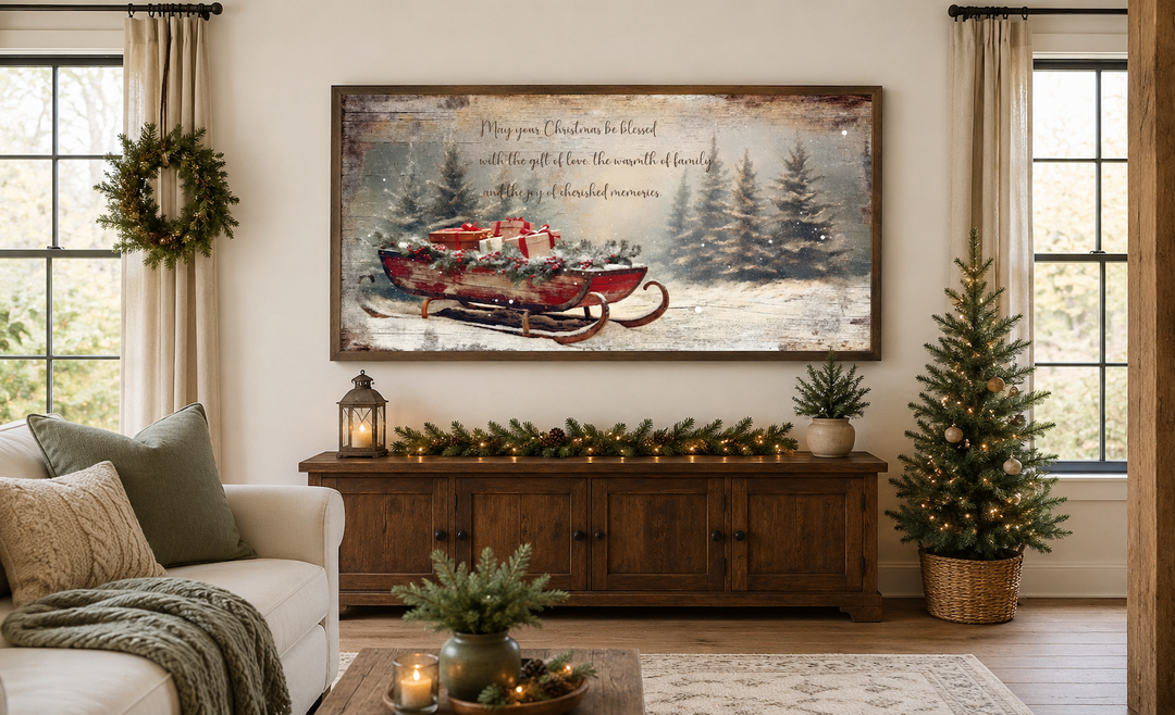 Framed canvas wall art of Santa's sleigh with gifts and a Christmas blessing in a rustic room.