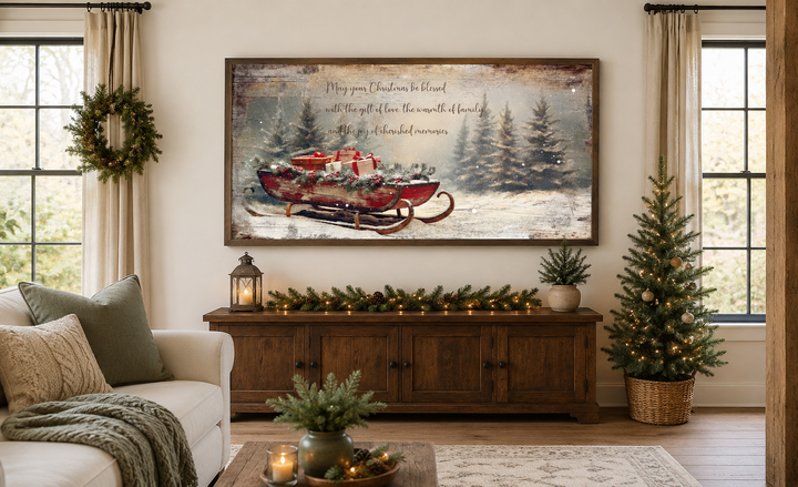 Framed canvas wall art of Santa's sleigh with gifts and a Christmas blessing in a rustic room.