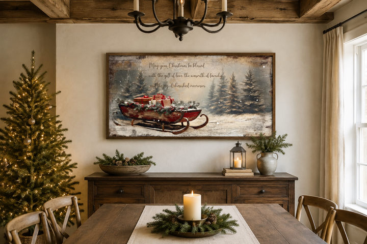 Framed canvas wall art of Santa's sleigh with gifts and a Christmas blessing in a rustic dining room.