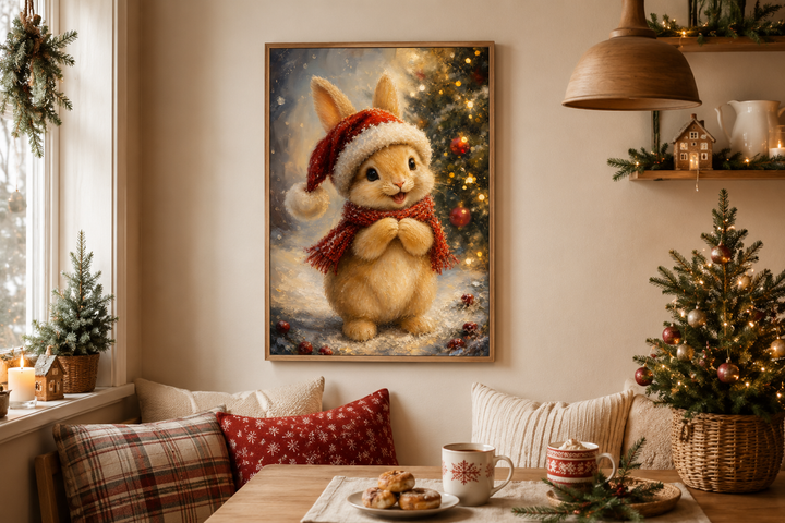 Christmas Bunny Wall Art featuring a rabbit in a red Santa hat and scarf on a canvas print.