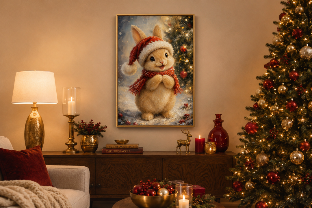 Christmas bunny wall art featuring a rabbit in a Santa hat and red scarf on a snowy canvas.