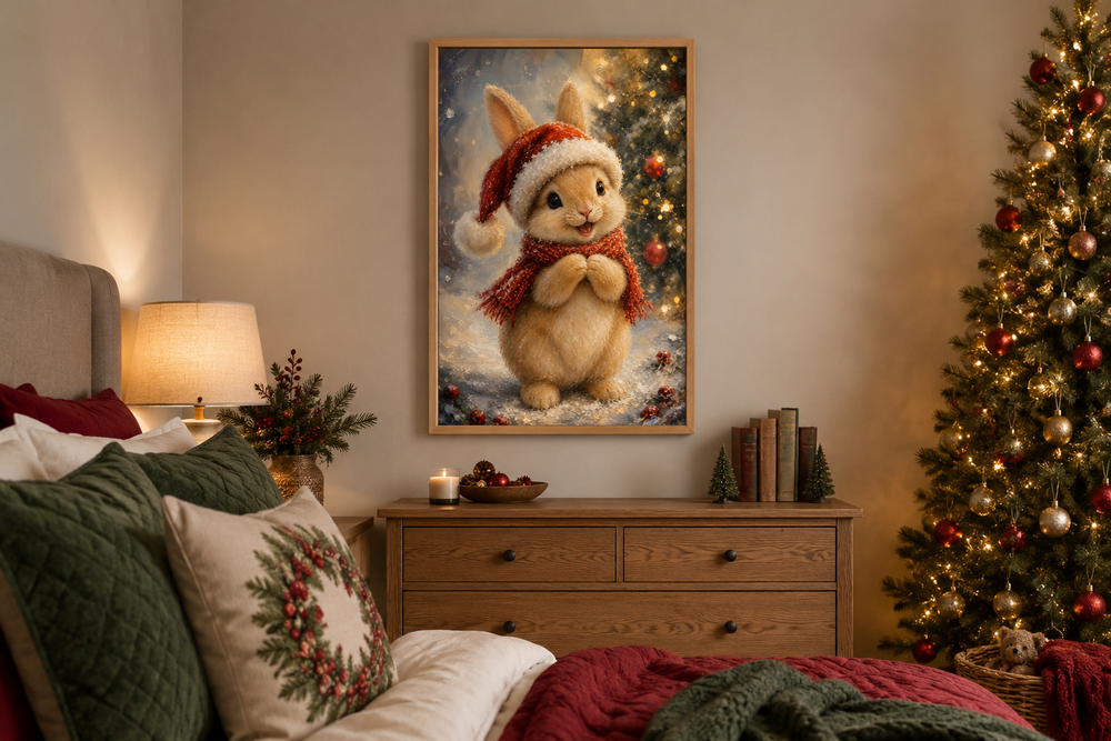 Framed canvas of a rabbit in a Santa hat and red scarf, hung in a cozy Christmas-themed bedroom.