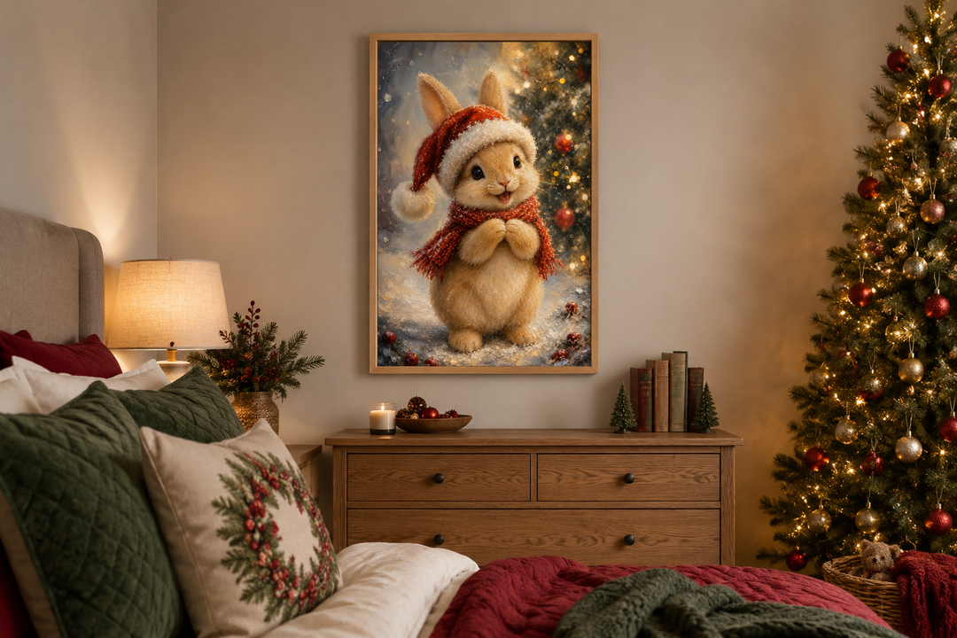 Framed canvas of a rabbit in a Santa hat and red scarf, hung in a cozy Christmas-themed bedroom.