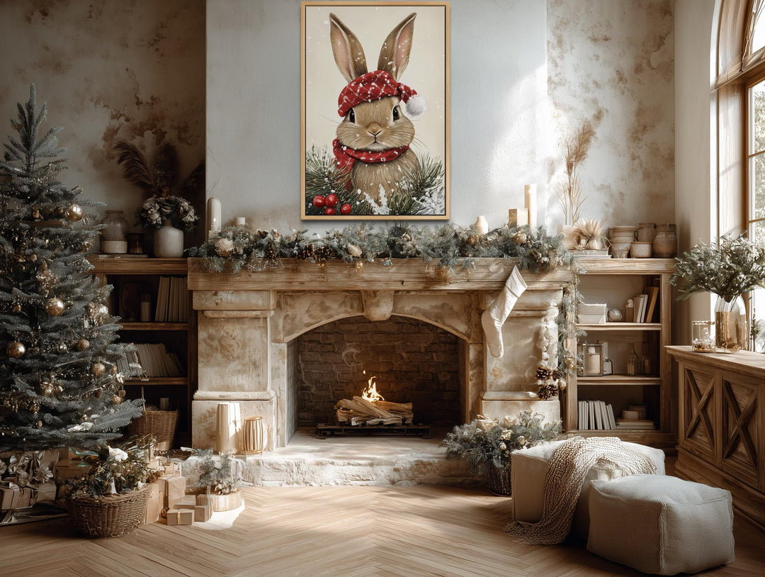 Christmas Bunny Wall Art – Red Scarf Rabbit Canvas with Snowy Pine Decoration