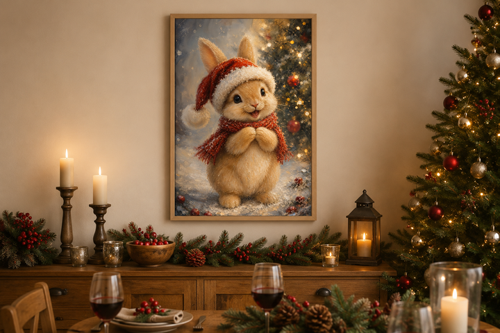 Framed canvas art of a rabbit in a Santa hat and red scarf, displayed in a festive dining room.