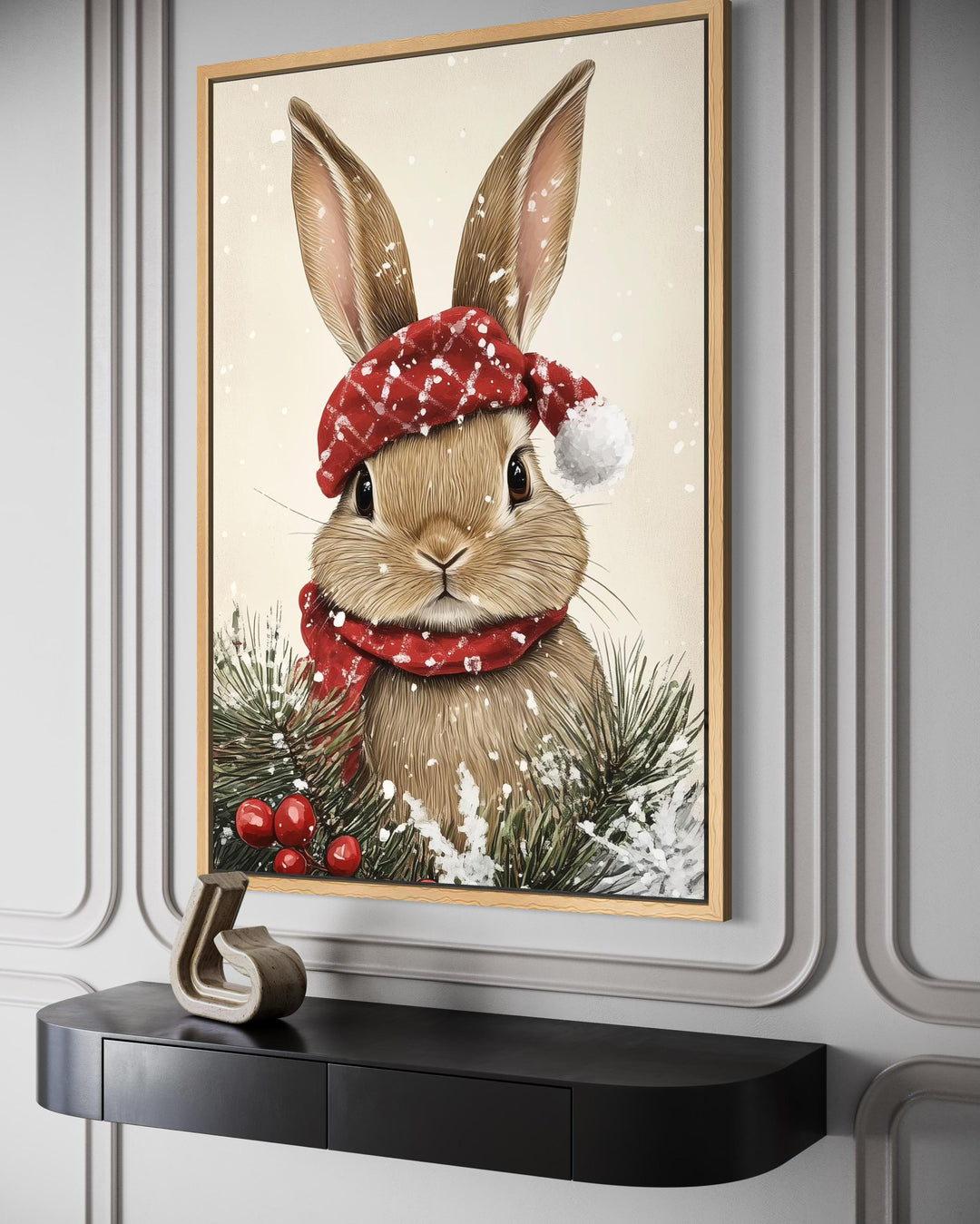 Christmas Bunny Wall Art – Red Scarf Rabbit Canvas with Snowy Pine Decoration