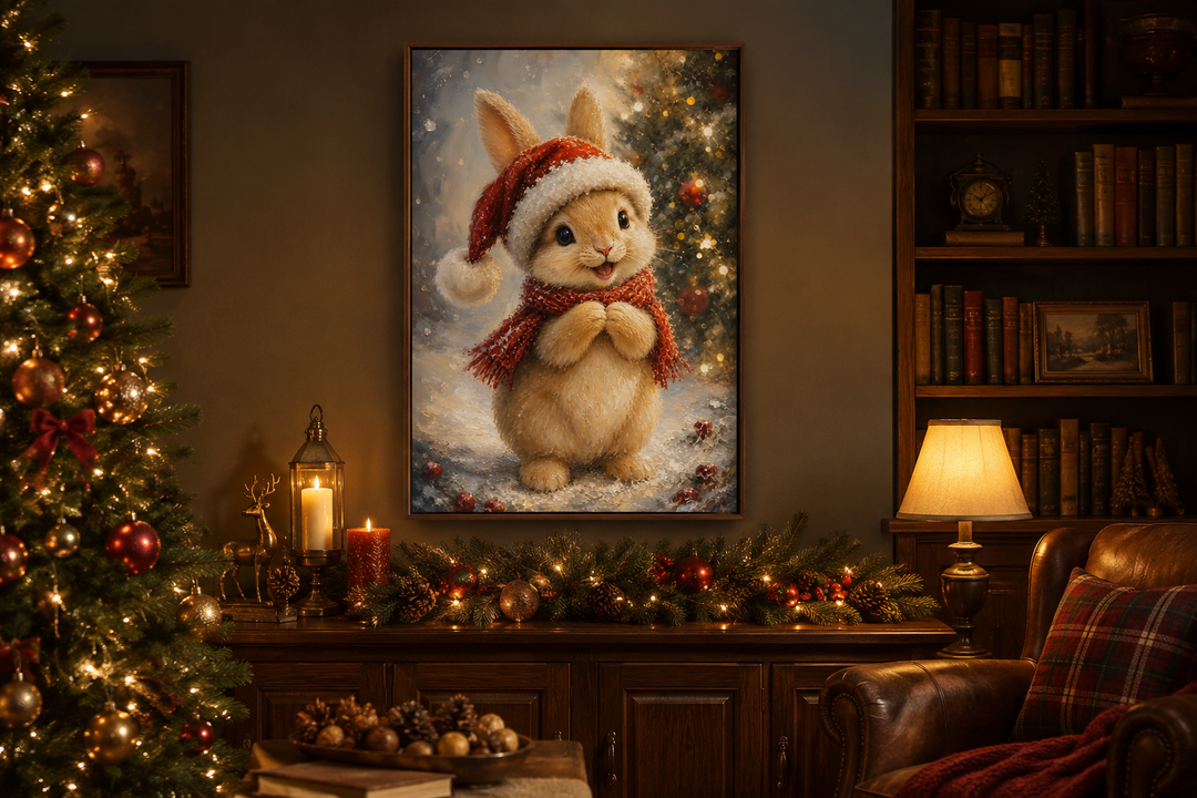 Christmas bunny canvas art featuring a rabbit in a Santa hat and red scarf in a cozy room setting.