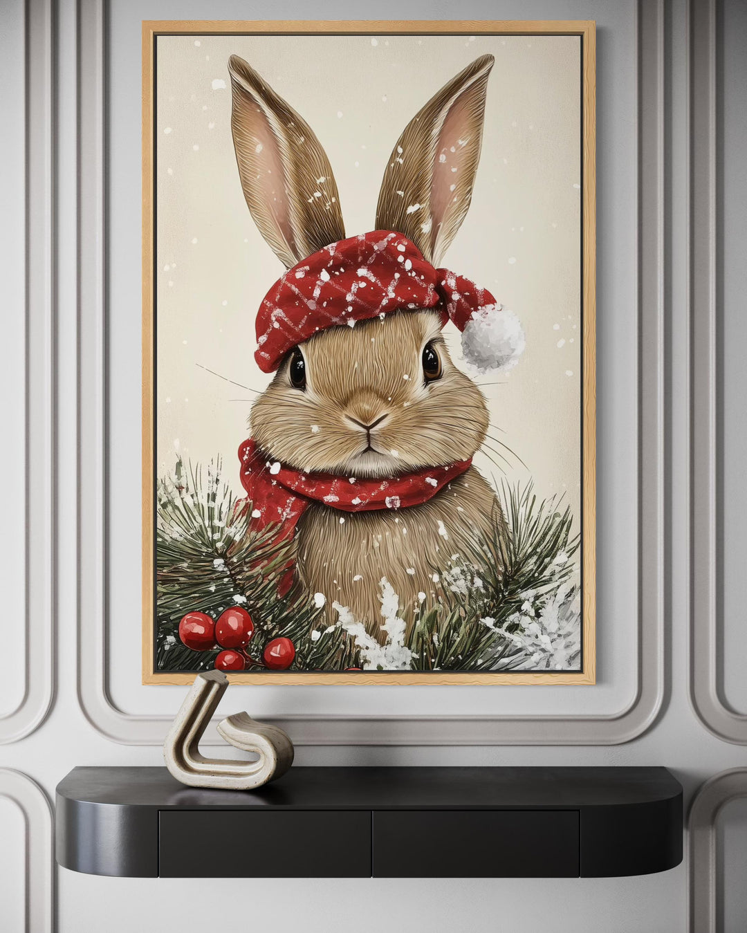 Christmas Bunny Wall Art – Red Scarf Rabbit Canvas with Snowy Pine Decoration