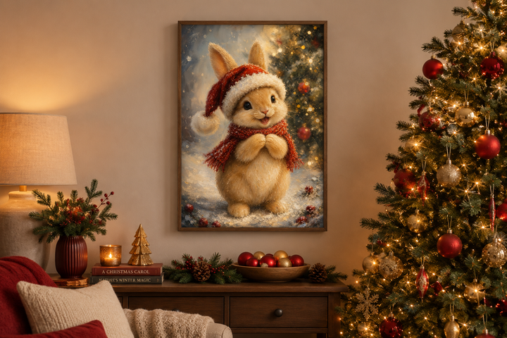 Framed canvas of a rabbit in a Santa hat and red scarf, displayed in a festive holiday room.