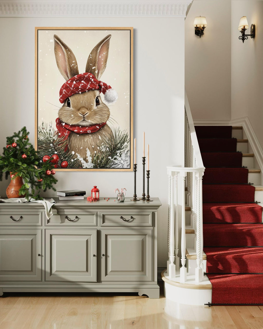 Christmas Bunny Wall Art – Red Scarf Rabbit Canvas with Snowy Pine Decoration
