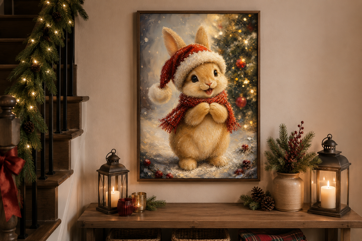 Framed canvas of a cute bunny in a Santa hat and red scarf, displayed on a festive console table.