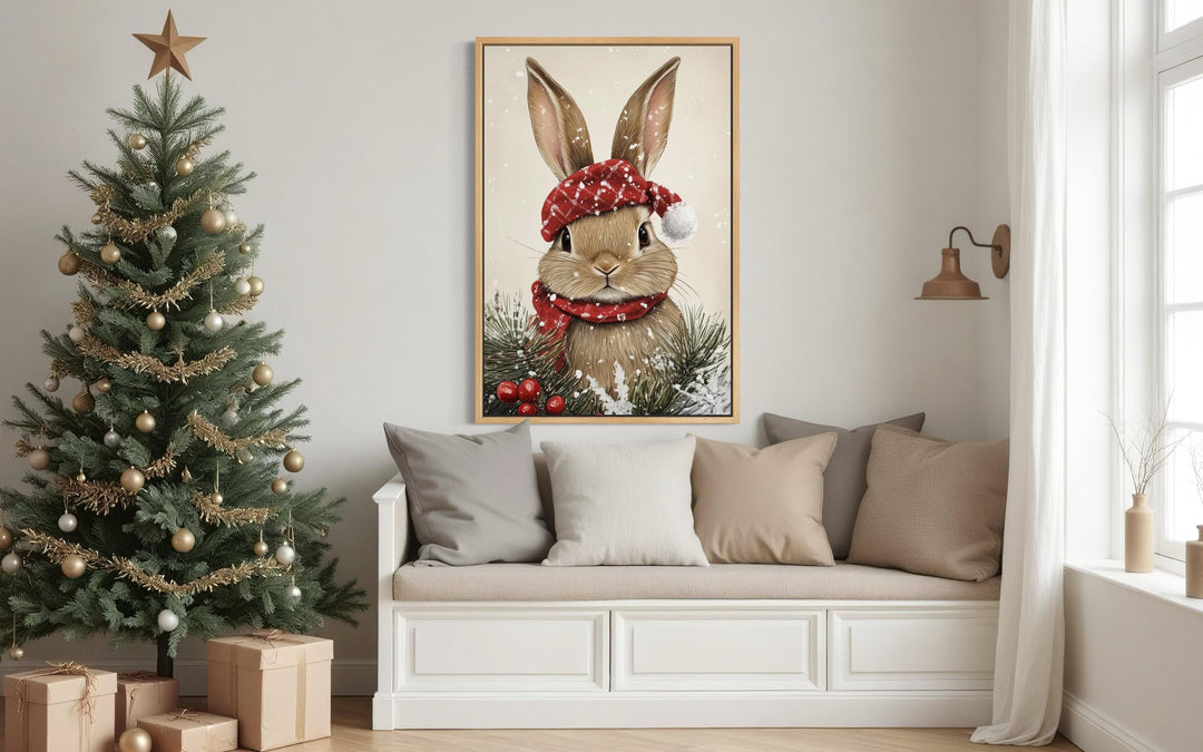Christmas Bunny Wall Art – Red Scarf Rabbit Canvas with Snowy Pine Decoration
