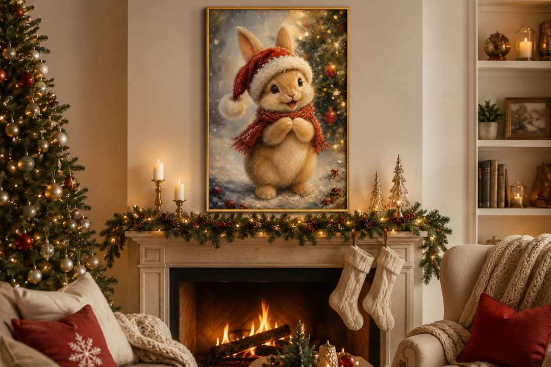 Christmas bunny wall art featuring a rabbit in a red Santa hat and scarf above a cozy fireplace.