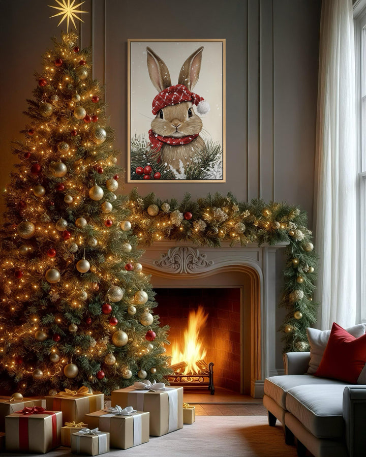 Christmas Bunny Wall Art – Red Scarf Rabbit Canvas with Snowy Pine Decoration