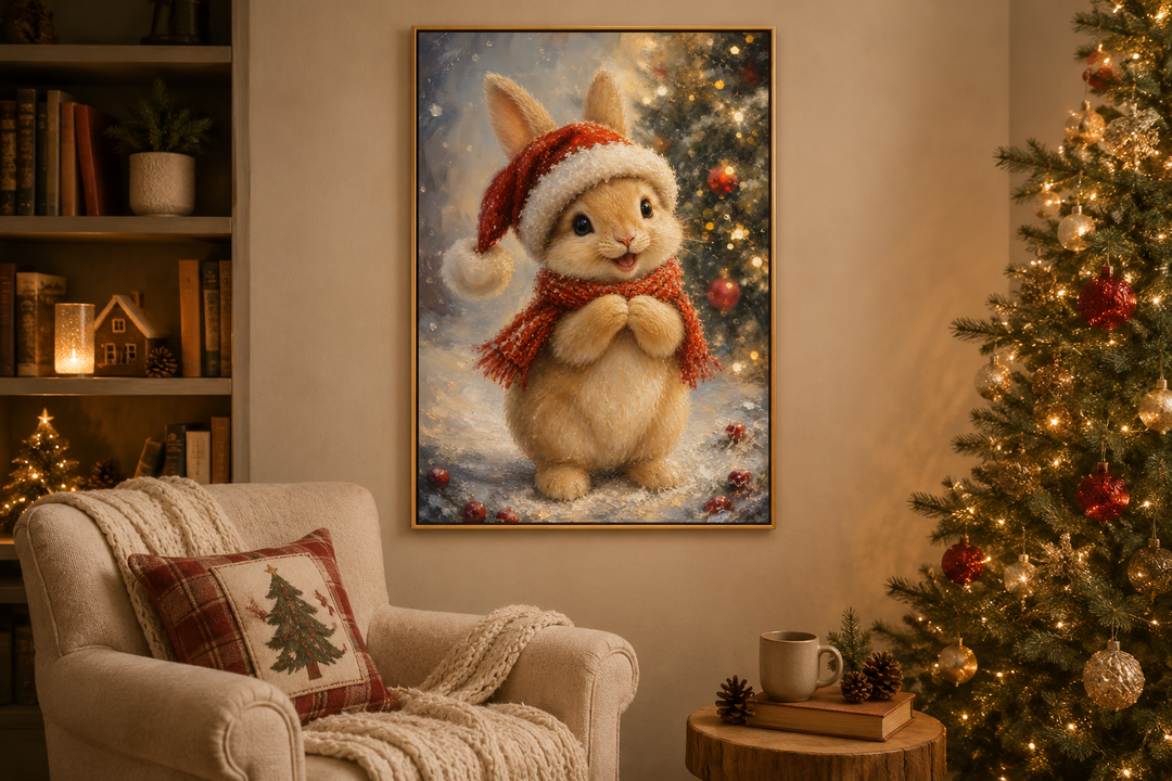Christmas bunny wall art featuring a rabbit in a Santa hat and red scarf on a framed canvas.