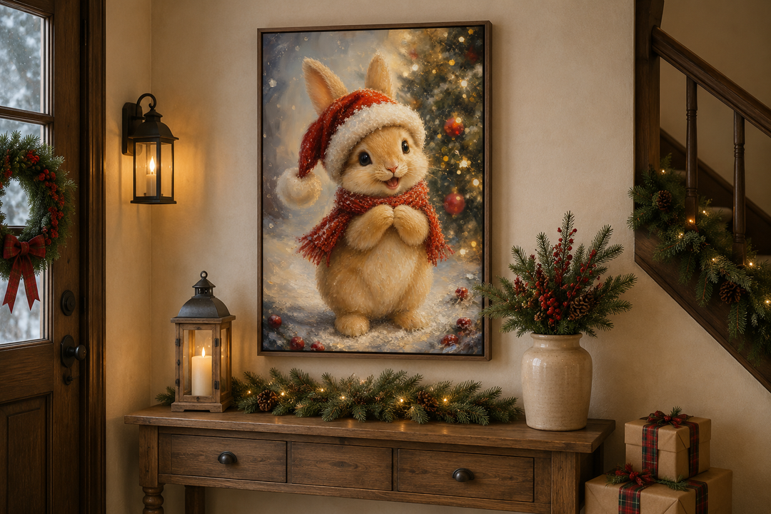 Christmas bunny canvas art featuring a rabbit in a Santa hat and red scarf on a decorated wall.