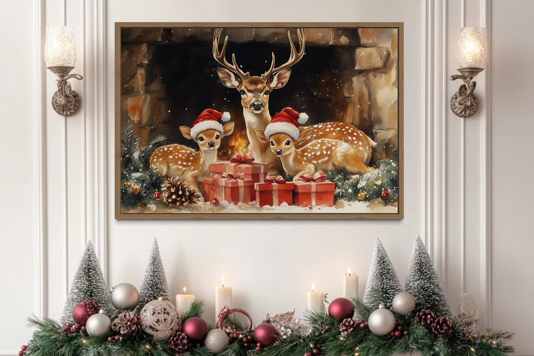 Christmas Deer With Santa Hats and Gifts Canvas Wall Art