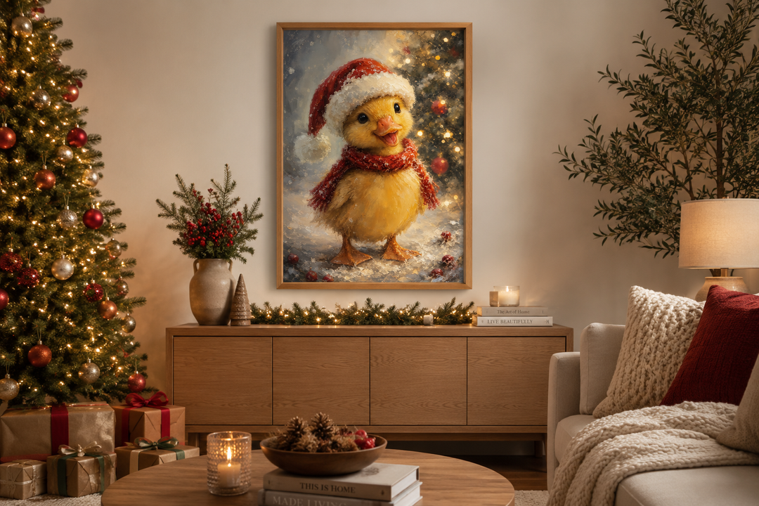 Framed Christmas duckling wall art in a Santa hat and red scarf above a wooden sideboard.