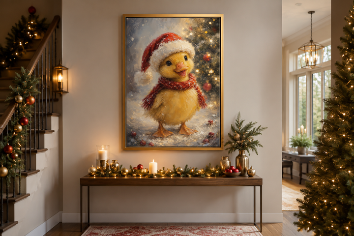 Framed Christmas duckling wall art in a Santa hat and red scarf above a decorated console table.