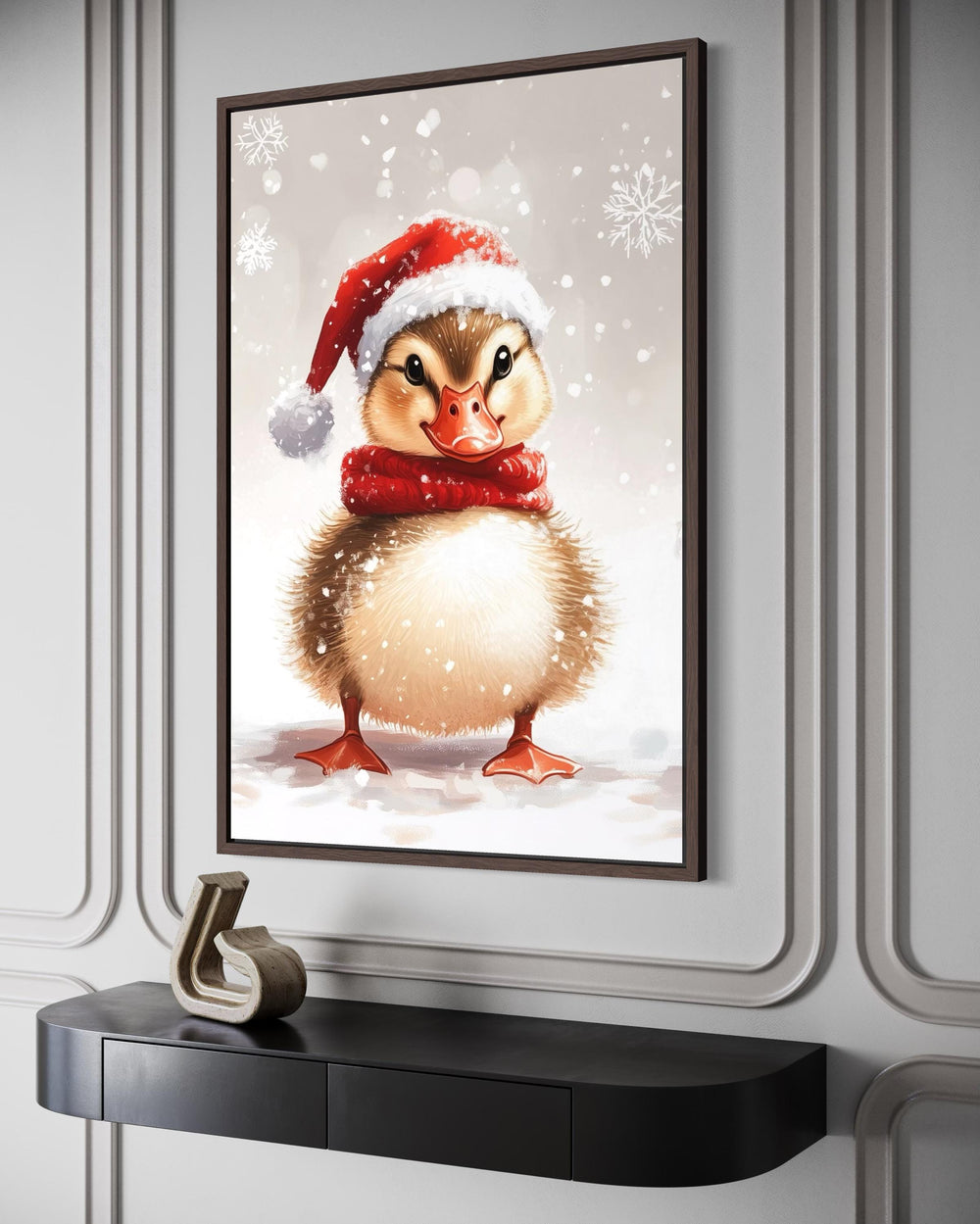 Christmas Duckling Wall Art – Baby Duck Print With Red Scarf | Snowy Woodland Nursery Decor