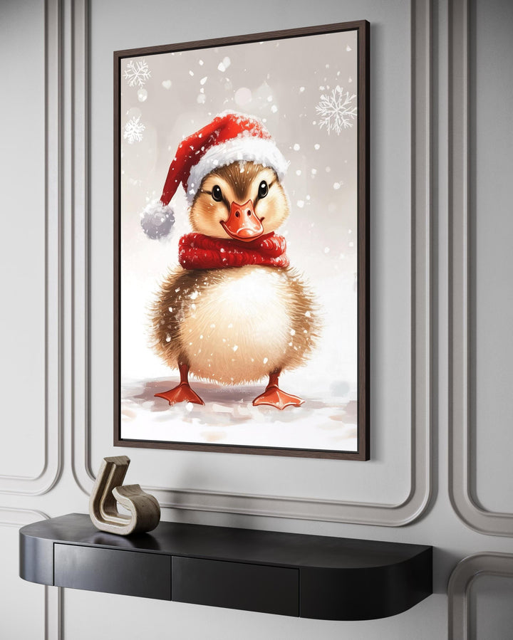 Christmas Duckling Wall Art – Baby Duck Print With Red Scarf | Snowy Woodland Nursery Decor