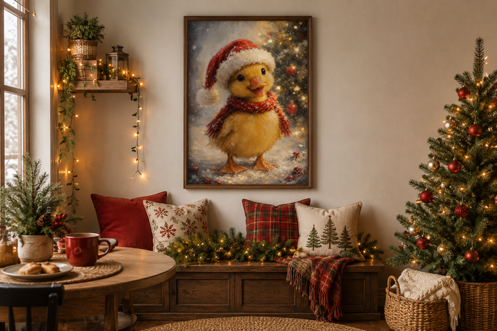 Framed wall art of a baby duck in a Santa hat and red scarf in a cozy Christmas-themed room.