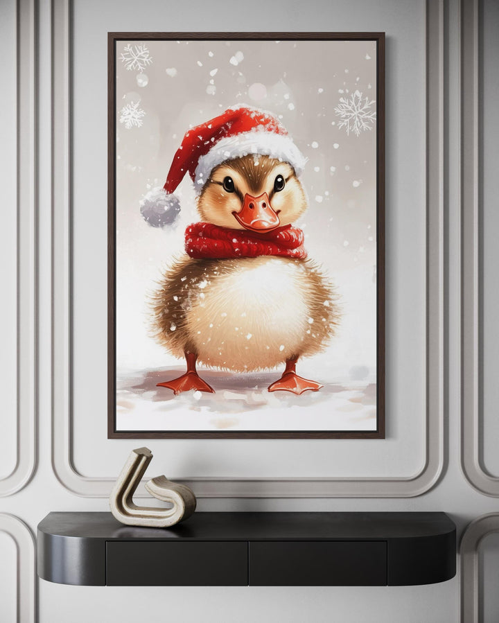 Christmas Duckling Wall Art – Baby Duck Print With Red Scarf | Snowy Woodland Nursery Decor