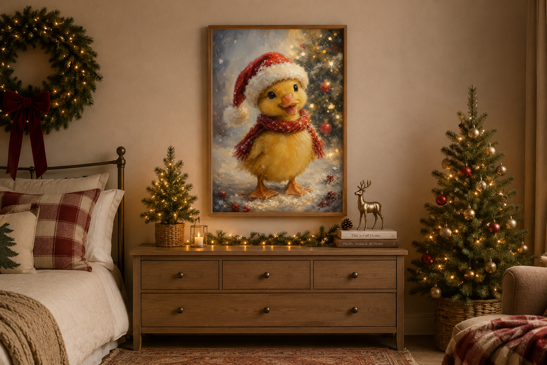 Framed Christmas duckling wall art in a cozy bedroom with a Santa hat and red scarf.