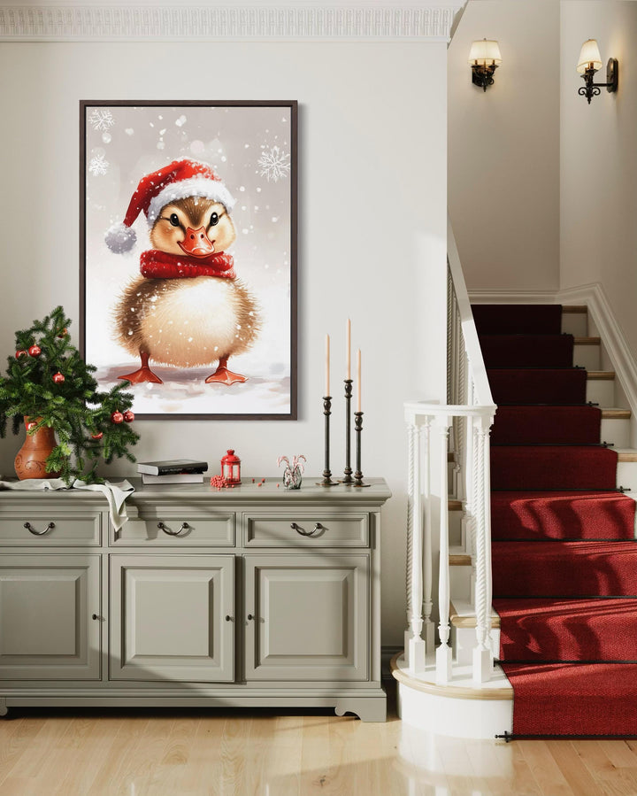 Christmas Duckling Wall Art – Baby Duck Print With Red Scarf | Snowy Woodland Nursery Decor