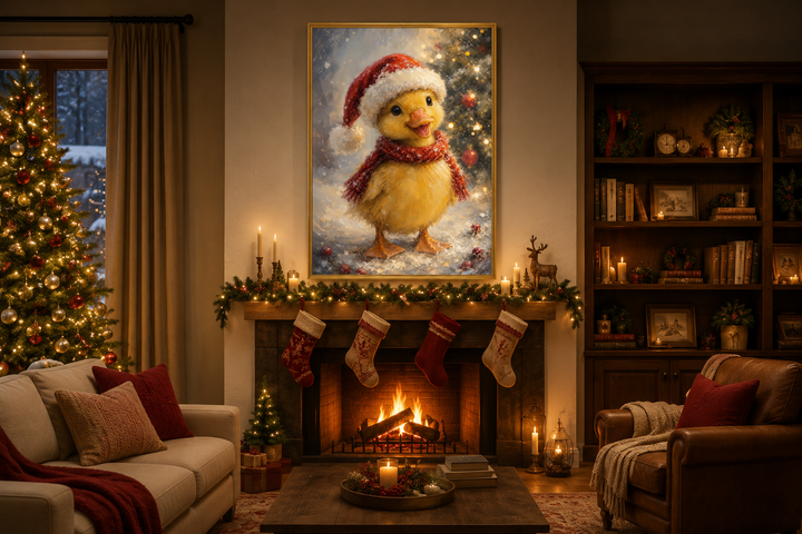 Christmas duckling wall art featuring a baby duck in a Santa hat and red scarf over a fireplace.