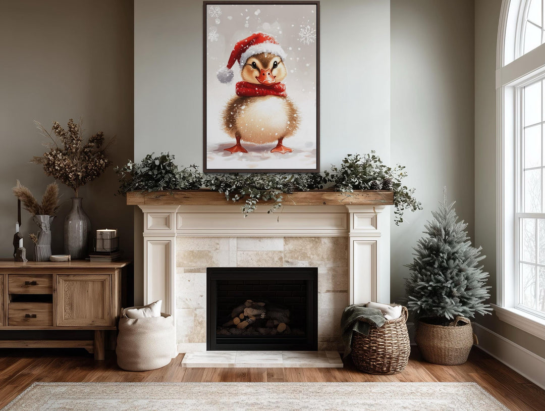 Christmas Duckling Wall Art – Baby Duck Print With Red Scarf | Snowy Woodland Nursery Decor