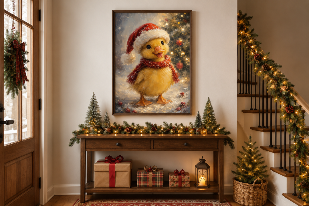 Framed Christmas duckling wall art with a Santa hat and red scarf above a decorated console table.