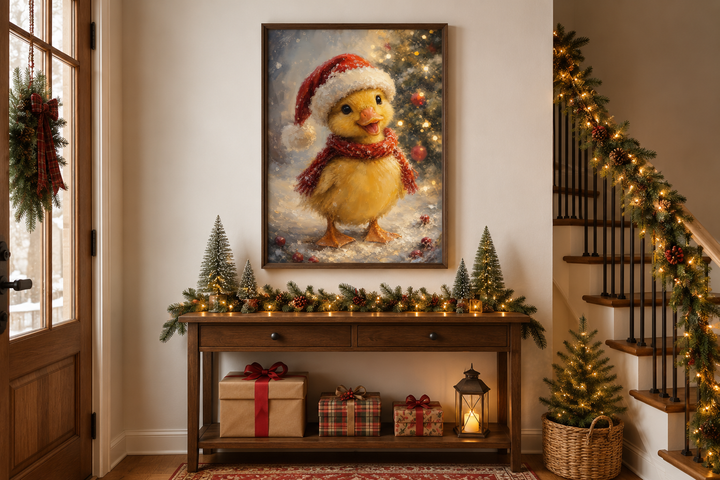 Framed Christmas duckling wall art with a Santa hat and red scarf above a decorated console table.