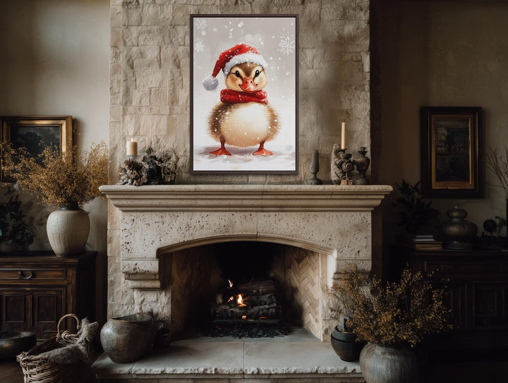 Christmas Duckling Wall Art – Baby Duck Print With Red Scarf | Snowy Woodland Nursery Decor