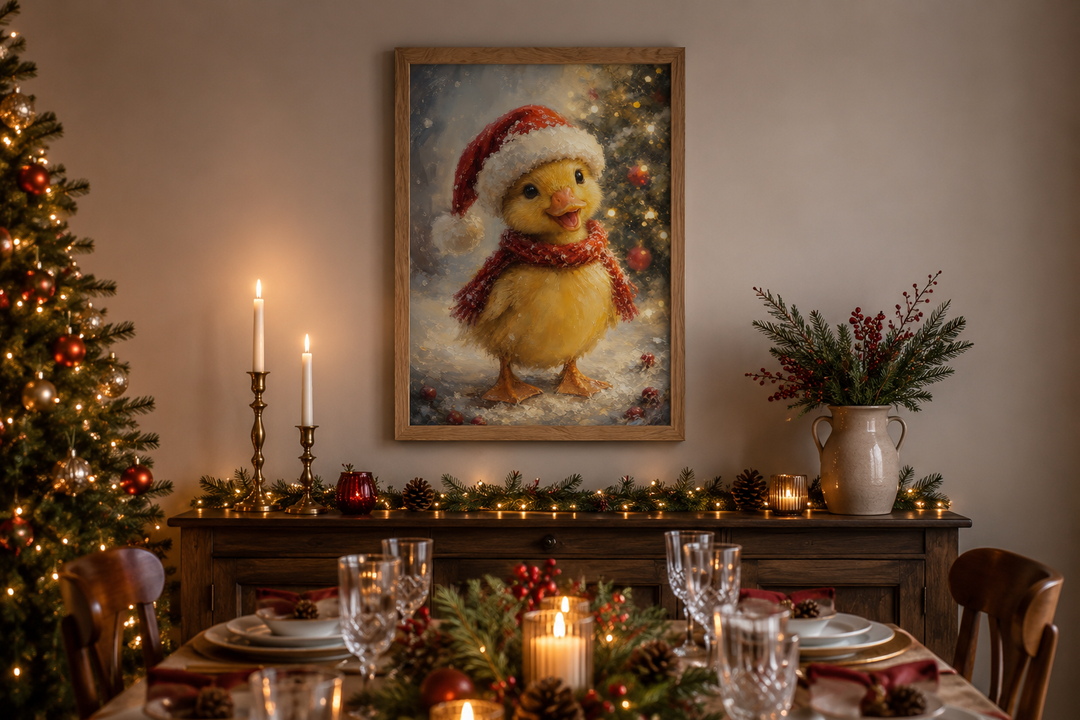 Framed Christmas duckling wall art in a Santa hat and red scarf above a festive dining table.