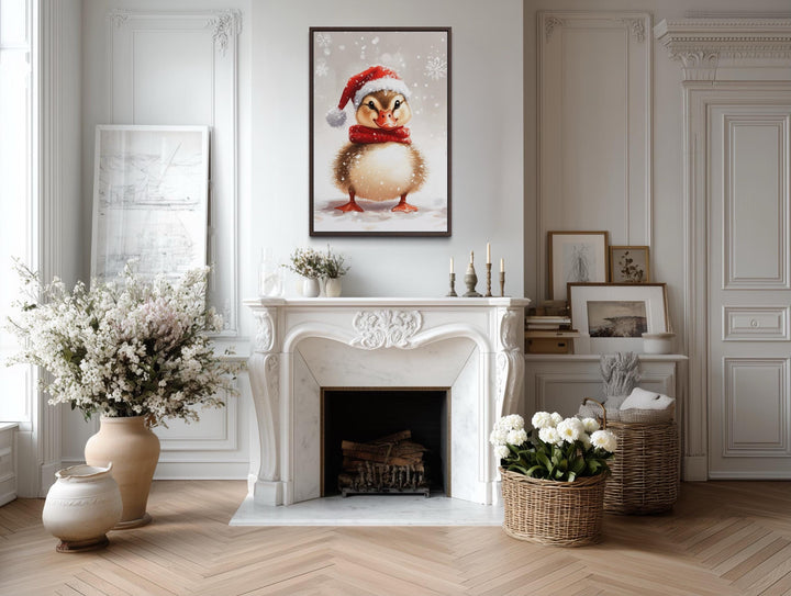 Christmas Duckling Wall Art – Baby Duck Print With Red Scarf | Snowy Woodland Nursery Decor