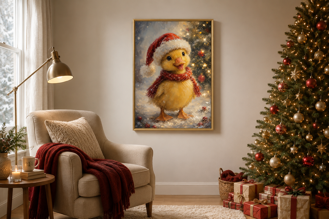 Framed Christmas duckling wall art in a cozy living room with a decorated tree and armchair.