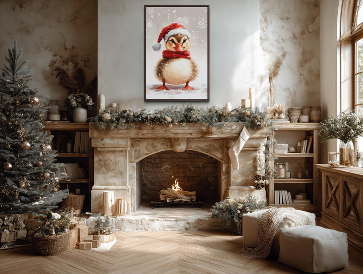 Christmas Duckling Wall Art – Baby Duck Print With Red Scarf | Snowy Woodland Nursery Decor