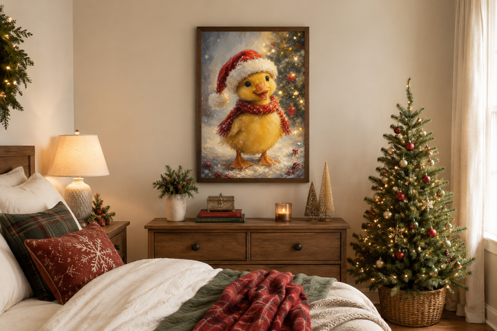 Framed Christmas duckling wall art in a cozy bedroom with a decorated tree and plaid bedding.