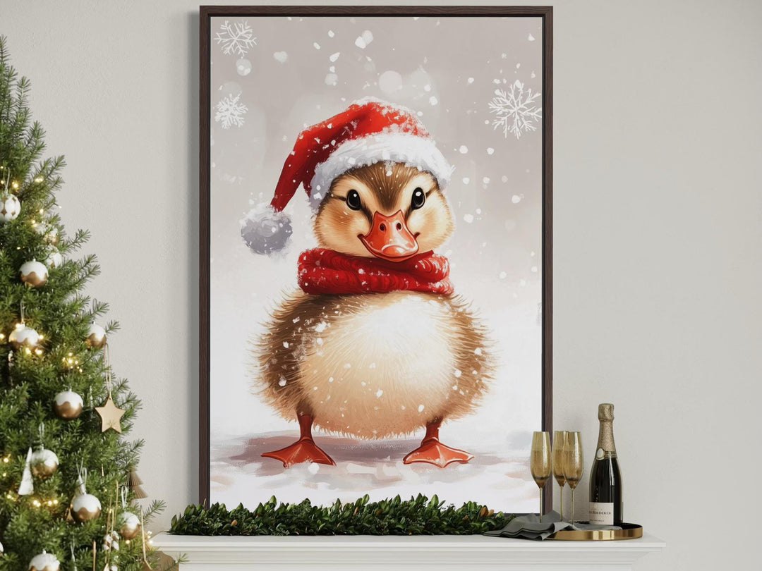 Christmas Duckling Wall Art – Baby Duck Print With Red Scarf | Snowy Woodland Nursery Decor