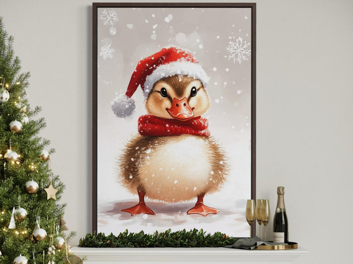 Christmas Duckling Wall Art – Baby Duck Print With Red Scarf | Snowy Woodland Nursery Decor
