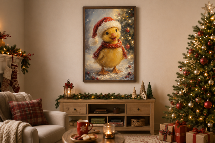 Framed Christmas duckling wall art in a Santa hat and red scarf above a festive wooden console.