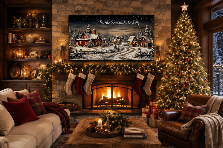 Christmas Eve canvas wall art with snowy village scene and Tis The Season To Be Jolly text.