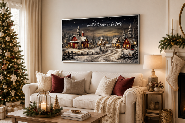 Christmas Eve canvas wall art with snowy village scene and "Tis The Season To Be Jolly" text.