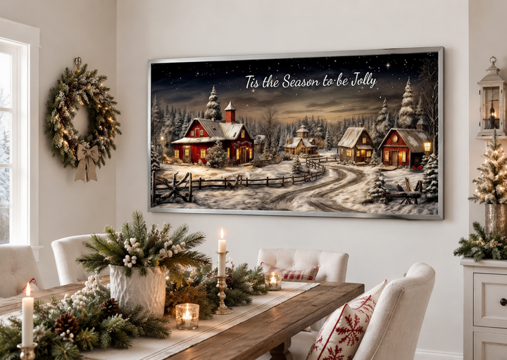 Christmas Eve canvas wall art featuring a snowy village and 'Tis The Season To Be Jolly' text.