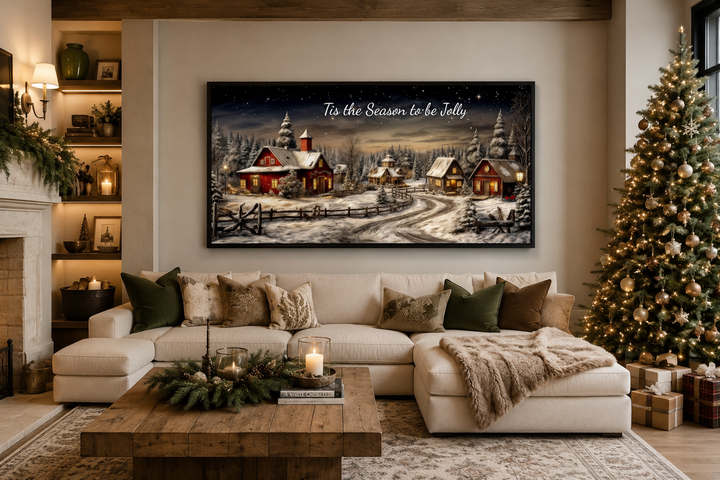 Christmas Eve canvas wall art with a snowy village scene and "Tis the Season to be Jolly" text.