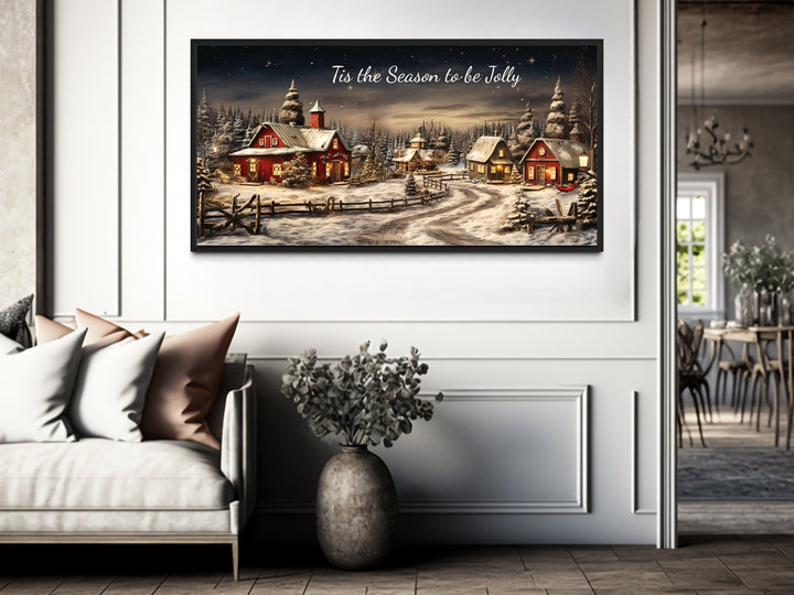 Christmas Eve canvas wall art with a snowy farmhouse scene and Tis The Season To Be Jolly text.
